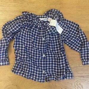 Zara Navy Blue & White Checkered Ruffle Girls Shirt 18-24m NWT